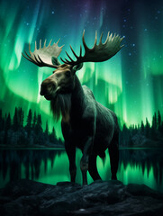 A Photo of a Moose at Night Under the Aurora Borealis