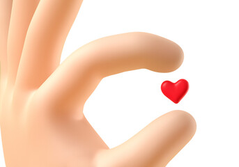 Obraz premium Cartoon hand giving heart. Hand holding little red heart. Concept of love, charity and donation. Isolated background, png