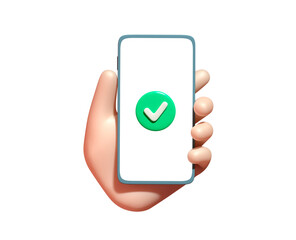 3d cartoon hand holding smartphone with green сheck mark icon on the screen. Isolated background, png
