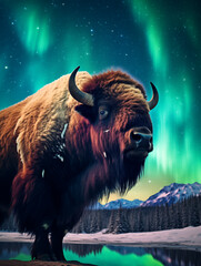 A Photo of a Bison at Night Under the Aurora Borealis
