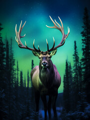 A Photo of an Elk at Night Under the Aurora Borealis
