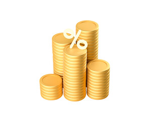 Coin stacks with percent sign. Financial growth concept. Money growing concept. Isolated background, png