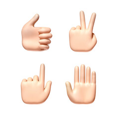 Hand gestures set, isolated background. Collection of cartoon hands in various gesture activity. 3D render illustration, png