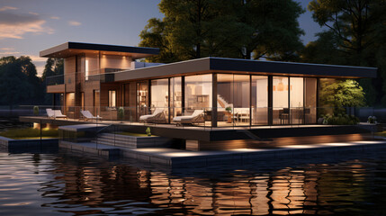 Fototapeta na wymiar 3d_rendering of modern house by the river at evening