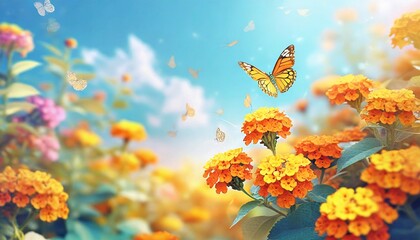 Obraz na płótnie Canvas Butterfly in Sea of Flowers, Spring Wallpaper or Background - Space for Copy