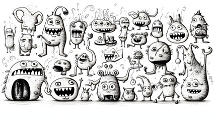 monsters. Funny line hand-drawn aliens for coloring pages. Flat illustration generativ ai