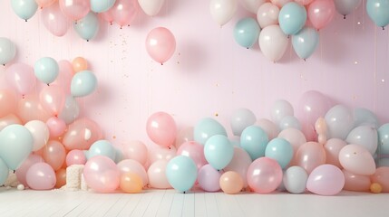 A whimsical balloon celebration mockup featuring a cluster of balloons in pastel colors, adorned...