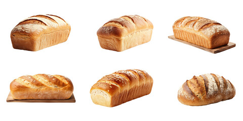 Set of Delicious homemade pastries and breads placed isolated on transparent png background, various of breads for selling in shop concept. - obrazy, fototapety, plakaty