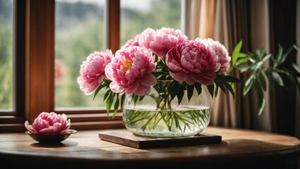 Peony bouque in glass vase on the table