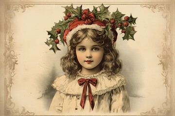 Vintage style postcard with a cute girl wearing a red hat and green leaves. AI Generated - Powered by Adobe
