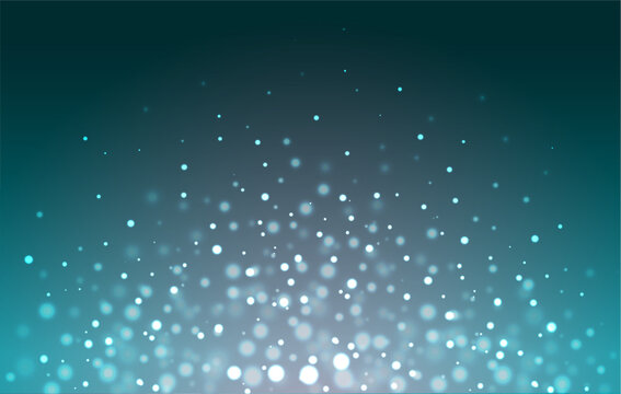 Shimmering turquoise background. Brilliant particles and stars. Blurred bokeh effect for technology, business, holidays, fairytale and magical concepts.