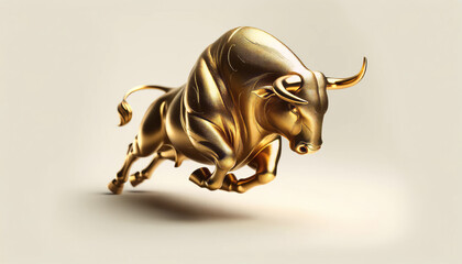abstract gold bull statue in a dynamic charging pose. Its textured surface adds depth. The bull run stock market symbol