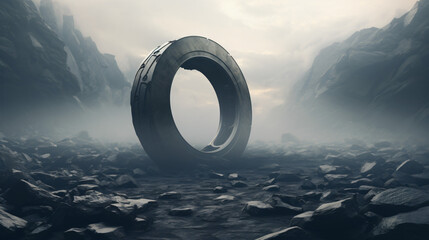  3D rendering of spinning tyre surrounded by rocks
