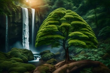 Beautiful green tree with water fall - obrazy, fototapety, plakaty