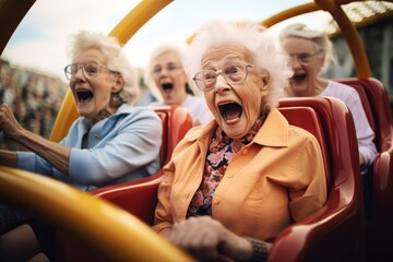 an elderly enjoying at the amusement park
 - obrazy, fototapety, plakaty
