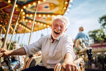 an elderly enjoying at the amusement park

