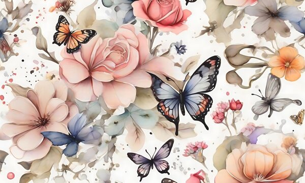 Flowers and butterflies wallpaper, colorful background. Watercolor style.	