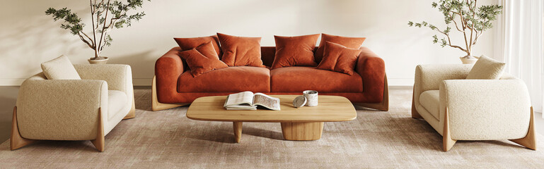 Minimalist Scandinavian living room with cozy beige armchairs and rustic wooden table. 3d render