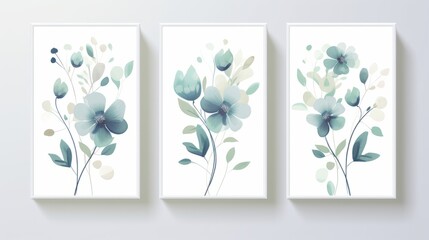 Set of three vertical banners with blue flowers and leaves. illustration. Generative AI