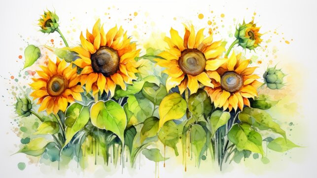 Beautiful sunflowers on white background. Watercolor illustration. Generative AI