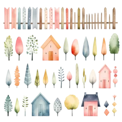 Watercolor Village: Quaint Houses and Fences with Stylized Trees, storybook illustration, nursery decor, crafting elements, transparent, isolated © Nina