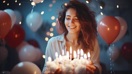  Beautiful woman holding  birthday cake with candles.