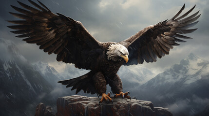 A bald eagle spreads its wings while perched on a rock - Powered by Adobe
