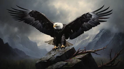 Foto op Canvas A bald eagle spreads its wings while perched on a rock © Ayyan