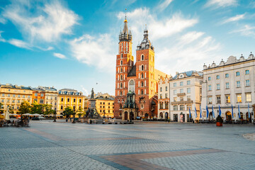 Main Market Square in Krakow, Rynek Głowny, famous landmark in Krakow Poland.