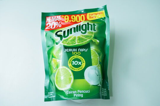 Sunlight anti bau jeruk nipis dan daun mint, a brand of liquid detergent for kitchenware washing with lime and mint leaf scent, isolated on white background. Bekasi, Indonesia, December 14, 2023