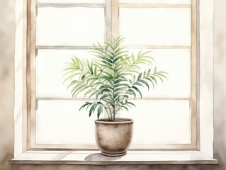 Palm tree in a pot on the windowsill. Illustration Generative AI