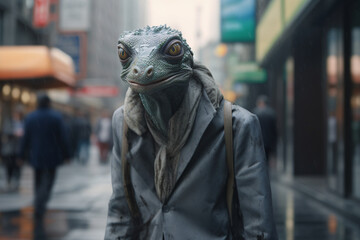 Fototapeta premium A lizard wearing human clothing walking through a city environment