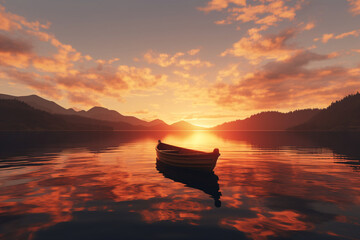 A rowing boat on a serene lake during sunset - obrazy, fototapety, plakaty