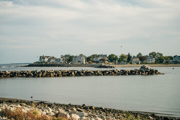Scituate Harbor overlooks a breakwater in Massachusetts - oct, 2022