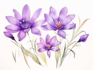 Purple crocus flowers isolated on white background. Watercolor illustration. Generative AI