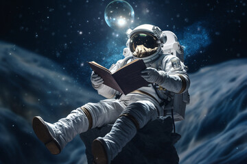 An astronaut reading a book in space