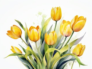 Bouquet of yellow tulips on a white background. Watercolor illustration Generative AI