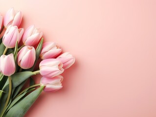 Bouquet of pink tulips on a pink background. Place for your text. Generative AI