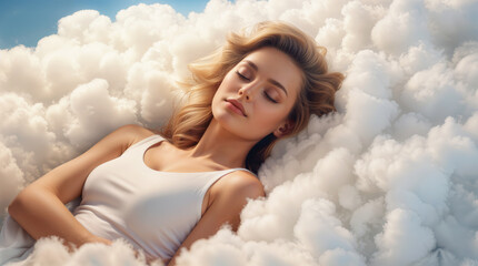 Beautiful european woman sleeping and dreaming on clouds, representing deep good sleep and relaxation, soft fluffy cloud and blue sky, hd