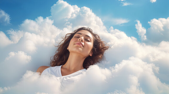 Beautiful woman sleeping and dreaming on clouds, representing deep good sleep and relaxation, soft fluffy cloud and blue sky, hd