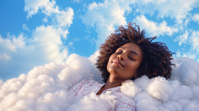 Beautiful African American Woman Sleeping And Dreaming On Clouds, Representing Deep Good Sleep And Relaxation, Soft Fluffy Cloud And Blue Sky, Black Woman, Hd