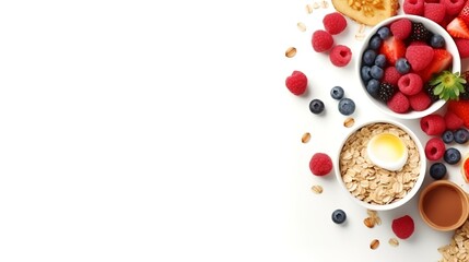 Composition with oatmeal and berries on white background, top view