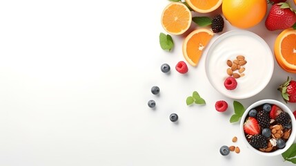 Naklejka na ściany i meble Healthy breakfast with yogurt, berries and cereals on white background