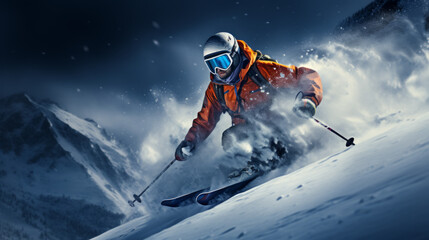 Alpine skier skiing downhill. Winter sports and leasure activities.  - obrazy, fototapety, plakaty