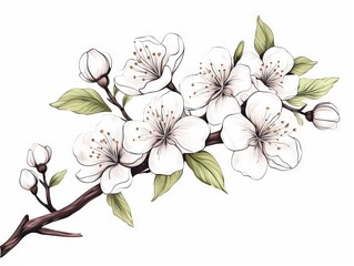 Cherry blossom branch with flowers and leaves. illustration. Generative AI