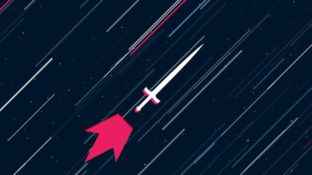 Sword symbol flies through the universe on a jet propulsion. The symbol in the center is shaking due to high speed. Seamless looped 4k animation on dark blue background with stars