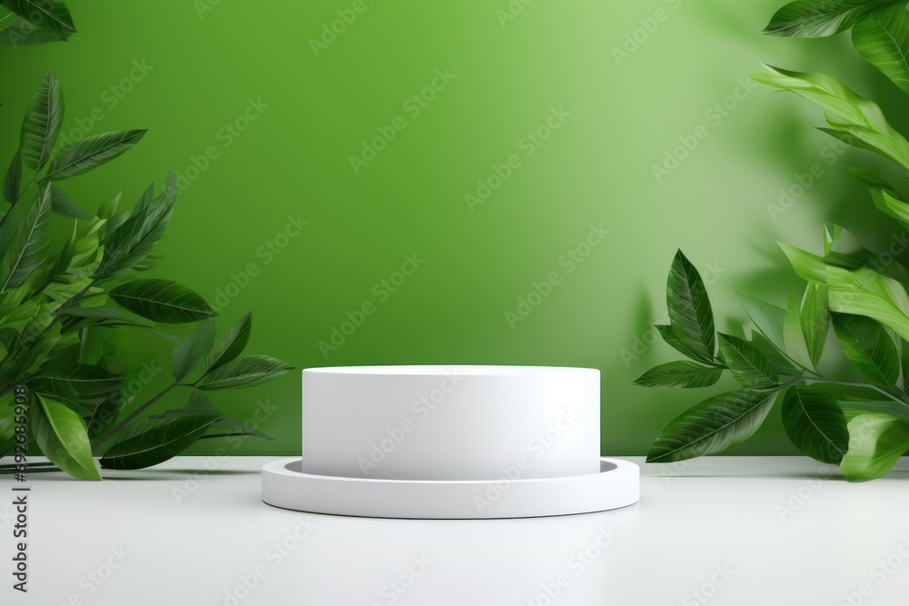 Poster white flat cylindrical product plinth background with green leaves simulates a minimal vertical form