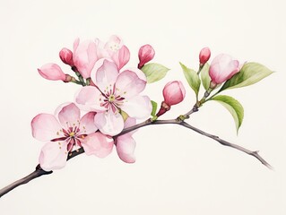 cherry blossom branch on white background. watercolor illustration. Generative AI