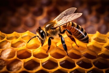 Close up view of bee working on honey cells