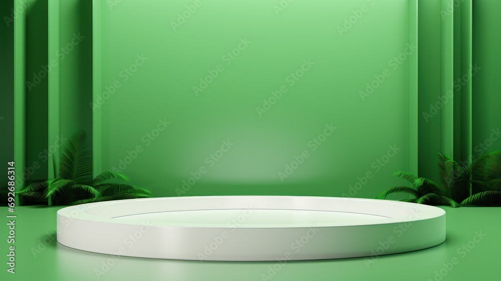 Poster elegant abstract 3d room with realistic green and white cylindrical base. minimal scene for trade sh